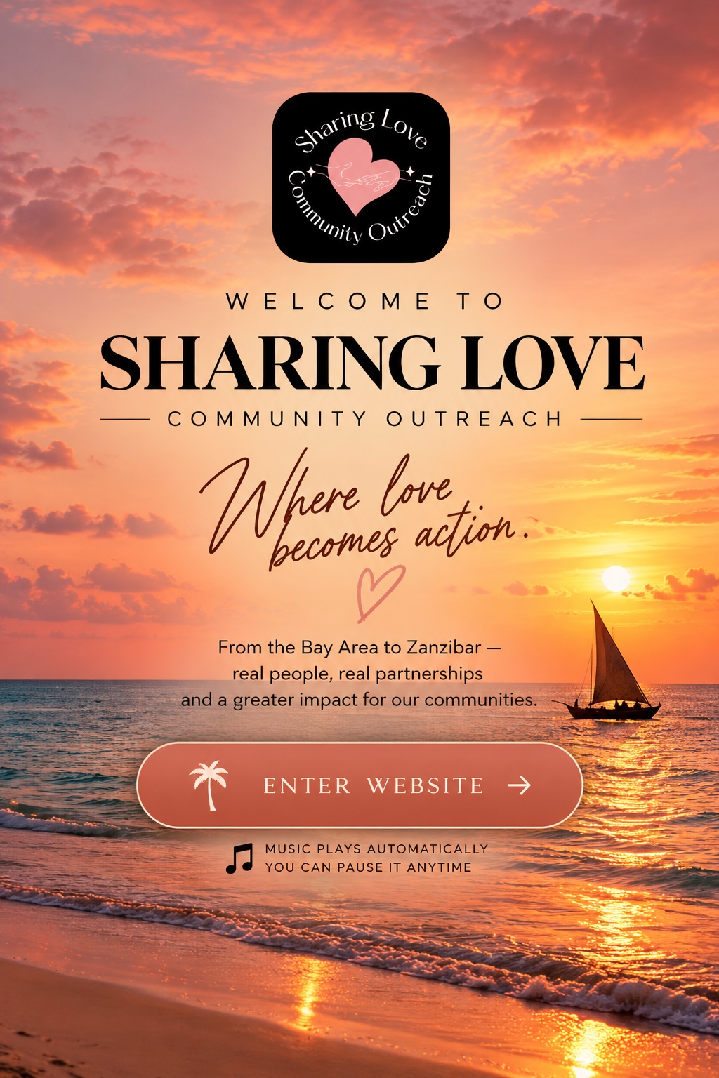 Sharing Love Community Outreach welcome: Where love becomes action. Sunset over the ocean with a Zanzibar dhow boat.