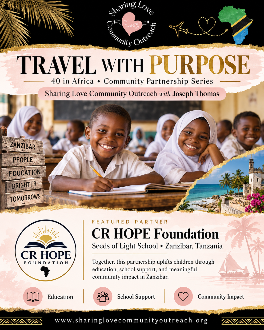 Travel With Purpose partnership flyer for CR HOPE Foundation and Seeds of Light School in Zanzibar, Tanzania