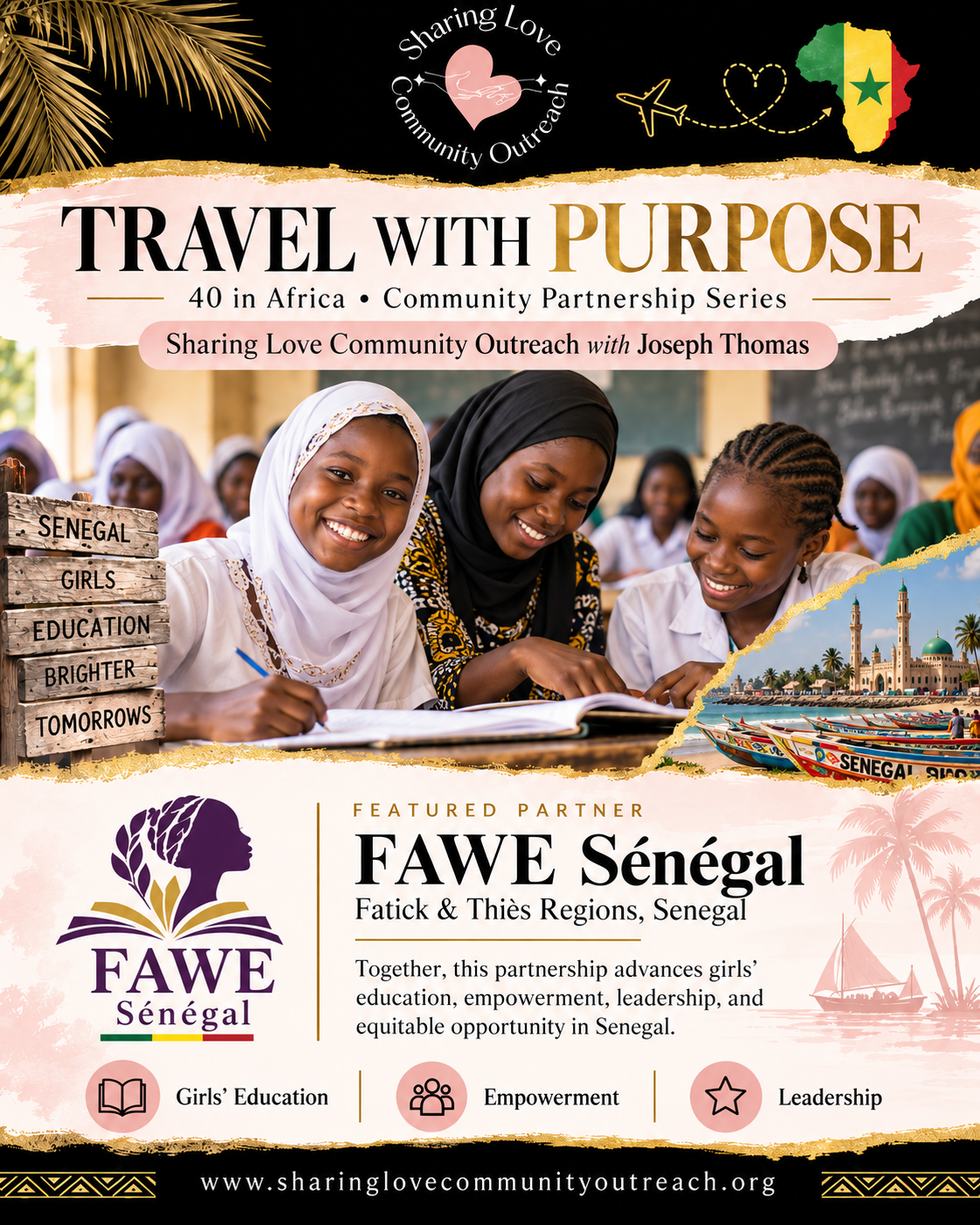 Travel With Purpose partnership flyer for FAWE Senegal