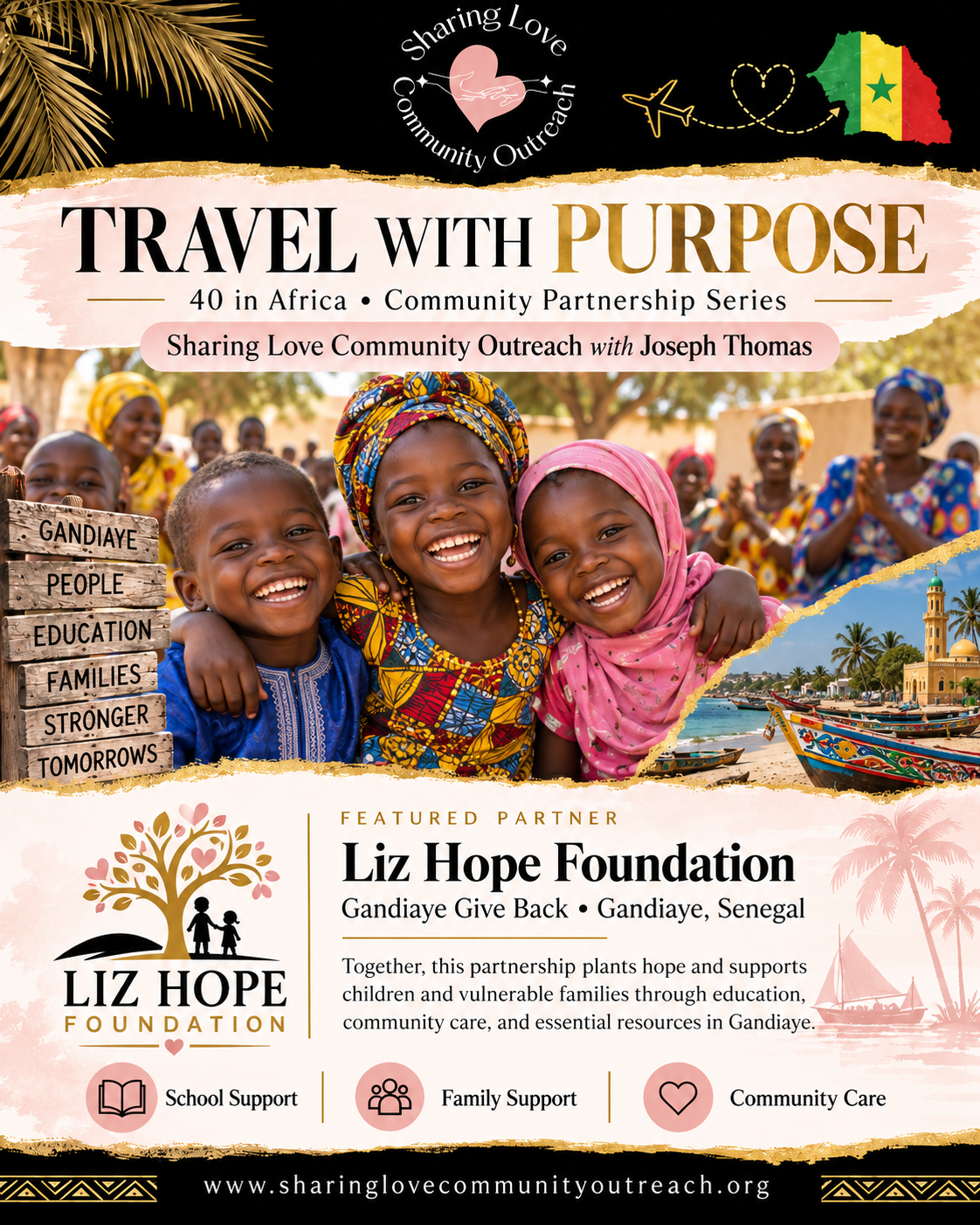 Travel With Purpose partnership flyer for Liz Hope Foundation and the Gandiaye Give Back in Senegal