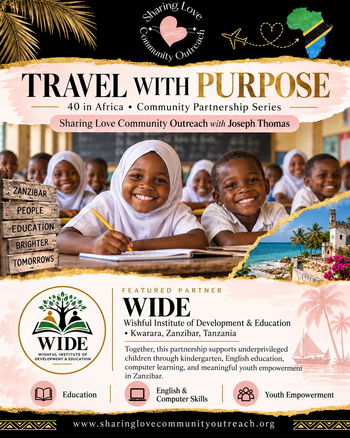 Travel With Purpose partnership flyer for WIDE, Wishful Institute of Development and Education in Zanzibar, Tanzania