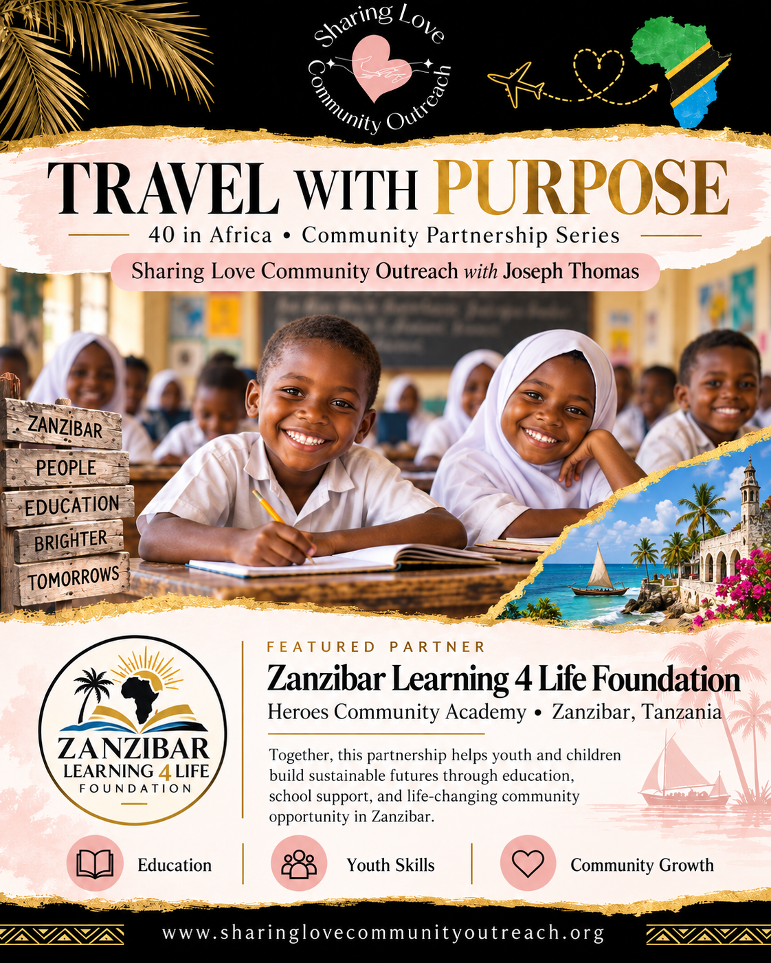 Travel With Purpose partnership flyer for Zanzibar Learning 4 Life Foundation and Heroes Community Academy