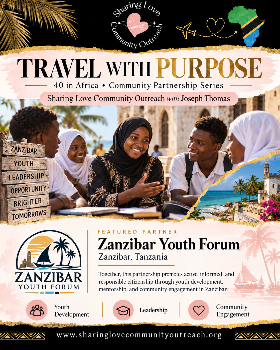 Travel With Purpose partnership flyer for Zanzibar Youth Forum