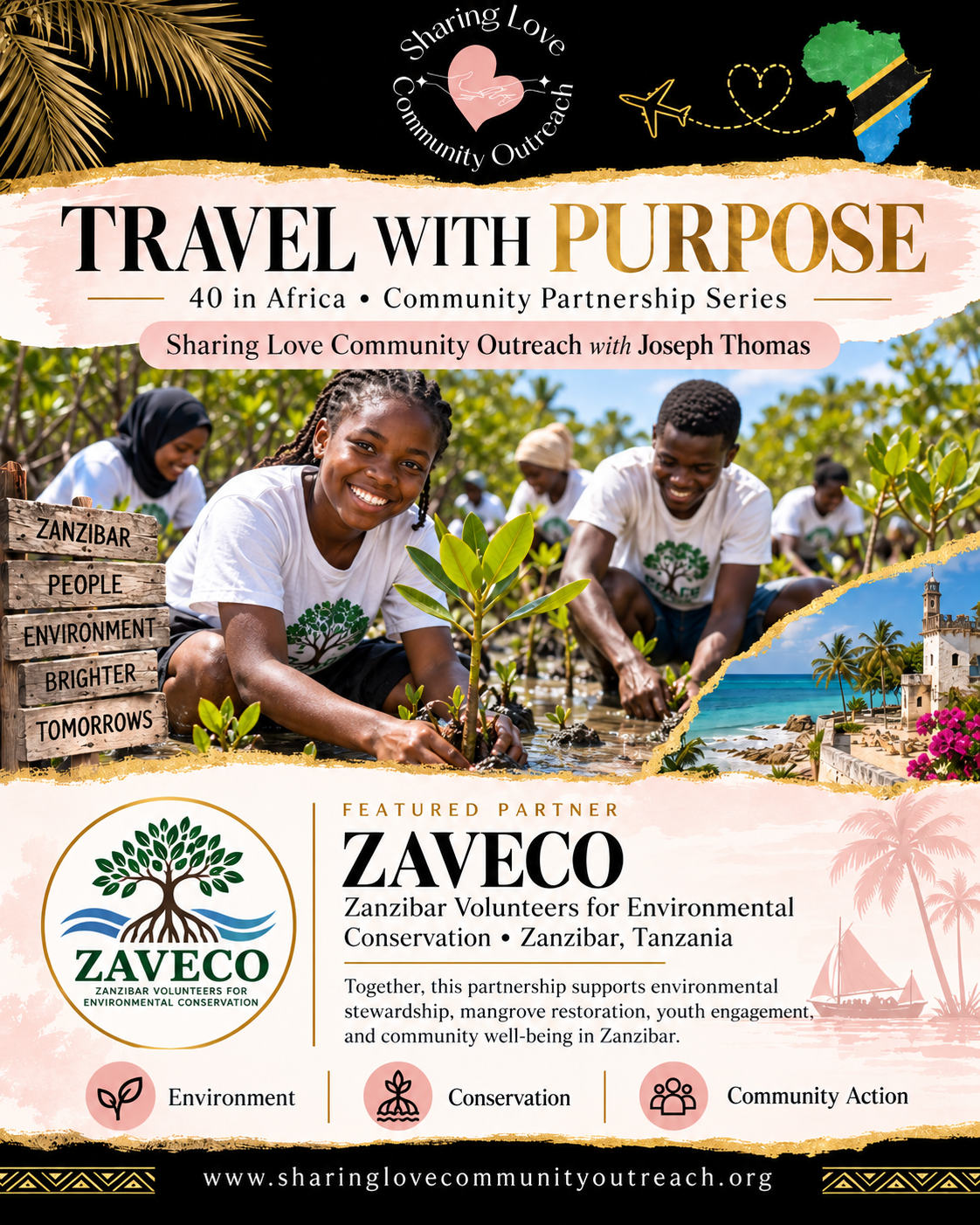 Travel With Purpose partnership flyer for ZAVECO in Zanzibar, Tanzania